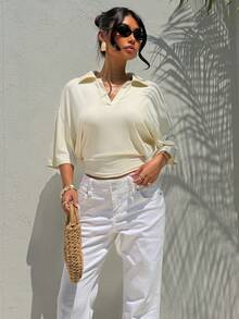 Aloruh 女士休闲百搭Polo领T恤/短款上衣/夏季衬衫 - 杏色 - 查看 9