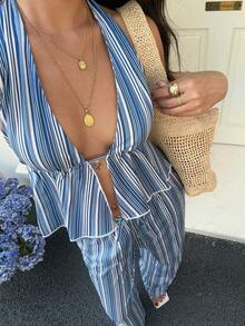 Aloruh Women's Striped Halter Crop Top And Slit Pants Sexy 2 Pieces Set - Blue - View 2