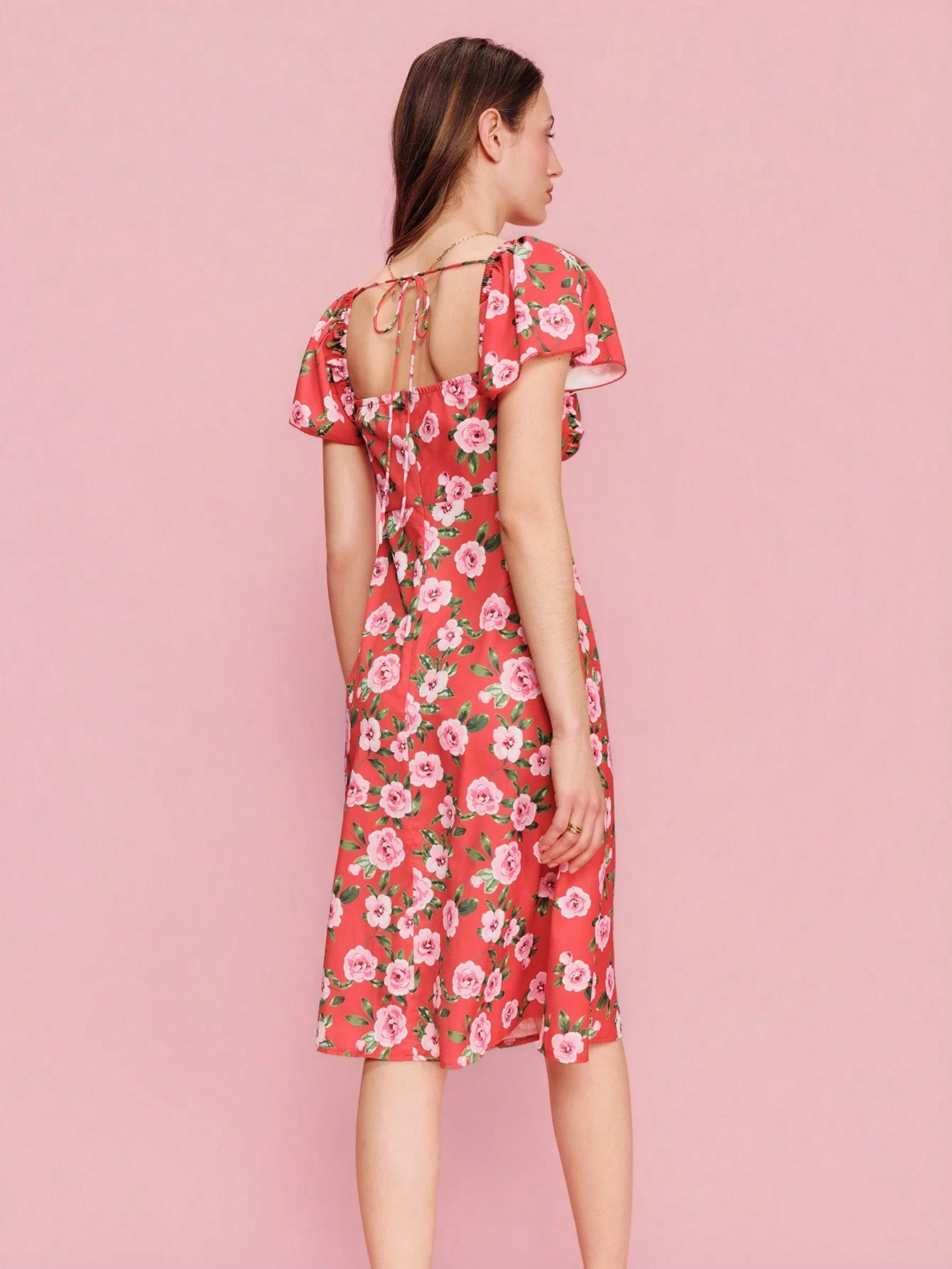 Pink Floral Print Red Woven Midi Dress With Short Sleeves And Open Back Detail Chic Spring Summer Holiday Dress Red Vacation Dress French Style Parisian Style