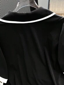 GlowEve CURVE Áo thun nữ cỡ lớn, chất liệu vải dệt kim gân, cổ bẻ, tay ngắn, raglan, dáng rộng, thẳng, thoải mái, đa năng, thích hợp mặc hàng ngày. - màu đen - Xem 4