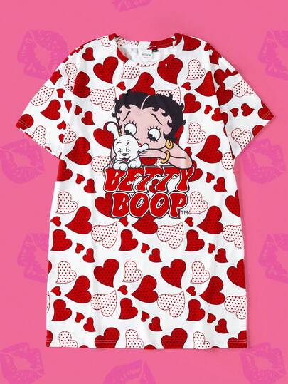 Betty Boop x SHEIN Women's Round Neck Cartoon Letter Print Casual Nightgown For Daily Wear