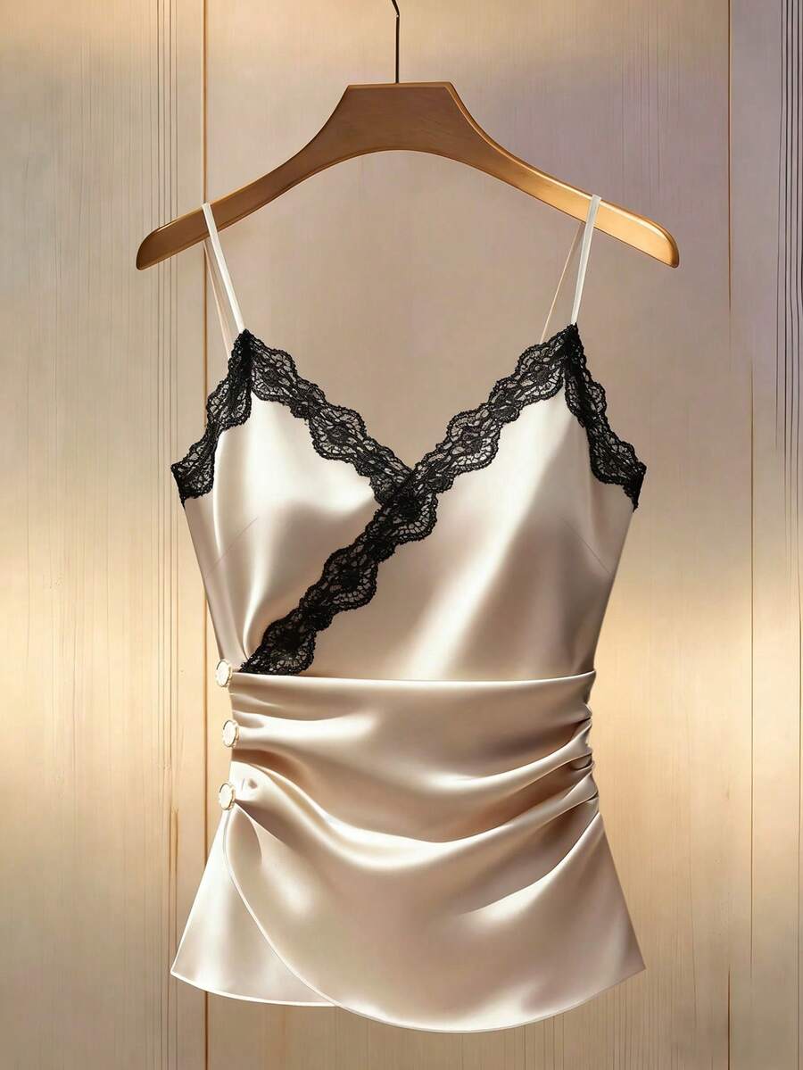 SHEIN PETITE 女士新款蕾丝边V领修身吊带背心 - 杏色 - 查看 1