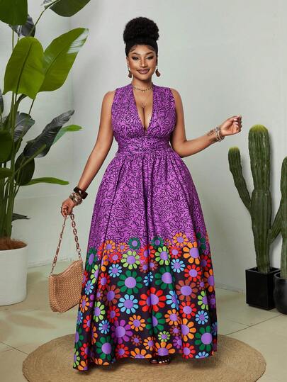Maweii Plus Size Women's Vacation Multicolor Print Woven Fabric Front Keyhole Deep Shirred Backless Design Criss-Cross Strap Waist Cinched Loose Fit Maxi Dress, Versatile For Vacation, Beach, Music Festival, Casual Outing, Party, Date Night, Spring/Summer