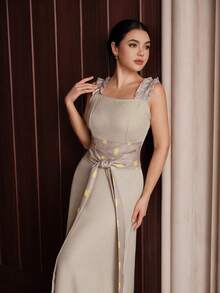 Modelyn Vestido Longo Feminino com Estampa Geométrica e Cintura Torcida, Vestido Formal Feminino para Recepção, Vestido de Ocasião para Senhoras, Vestido de Renda Elegante Yisikado, Vestido para Mulher, Vestido para Jantar de Ensaio da Noiva, Vestido de Verão Azul Claro - Damasco - Visão 5