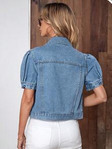 Breezaya Plus Size Women's Single-Breasted Casual Versatile Daily Denim Jacket - Blue - View 2