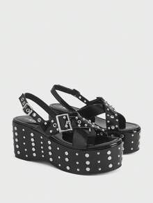 Sugerpunk Ladies, Spike Buckles, Lame-Heeled Platform Sandals. - Black - View 2
