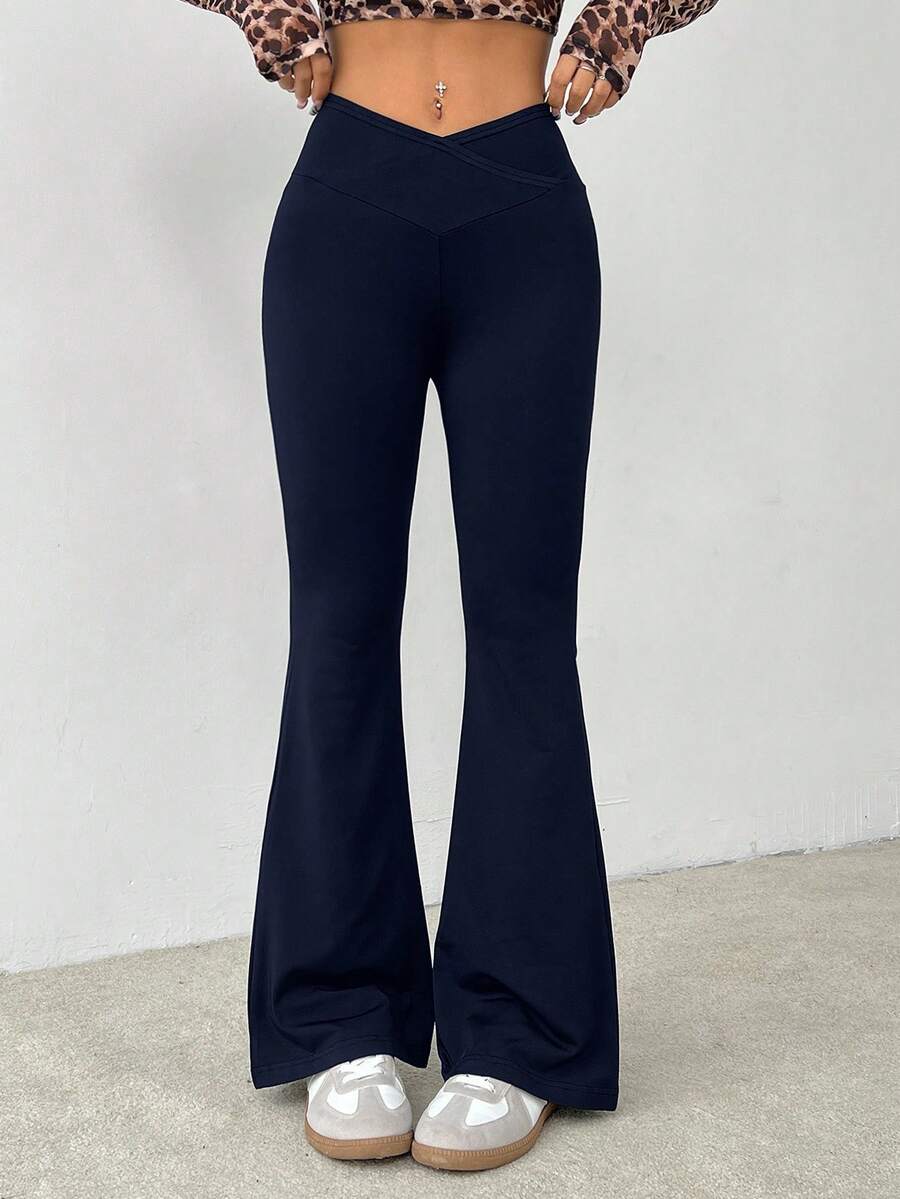 SHEIN PETITE Quần ống loe cạp cao màu trơn đơn giản - Màu xanh hải quân - Xem 1