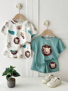 LMoss Kids 4件套男婴可爱动物印花休闲T恤和短裤家居服套装 - 彩色 - 查看 9