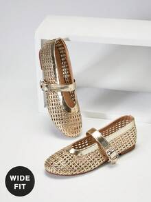 SHUZIA Ladies Wide Fit Crochet Woven PU Mary Jane Flats - Gold - View 6