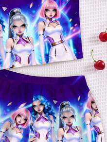 SHEIN 2件套少女时尚K-POP女团字母星星印花套装，彩色卡通人物印花，扎染工艺，韩流粉丝礼物，男女童装，吊带背心和短裤夏季套装 - 彩色 - 查看 4