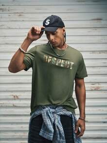 Modcrash 2025 男士休闲字母印花圆领短袖T恤，夏季 - 軍綠色 - 查看 4