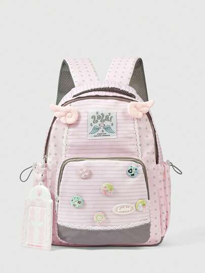 ROMWE Anime Ba lô ren nhiều ngăn Kawaii College họa tiết cánh gió, ngôi sao, màu sắc tương phản, sọc, thời trang và thoải mái, dung tích lớn dành cho nữ, kiểu hoạt hình dễ thương, phù hợp cho trường học, đi làm, sử dụng hàng ngày, rất dễ thương.