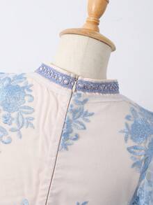SHEIN 少女優雅淺藍色花卉蕾絲薄紗公主禮服，適合夏季婚禮賓客、生日派對、假期花童、舞會正式洋裝 - 藍色 - View 8