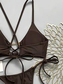 SHEIN Swim Vcay Women's Standard Size Brown & Gold Hollow Design Drawstring Beach Swimsuit Set, Summer - Brown - View 5