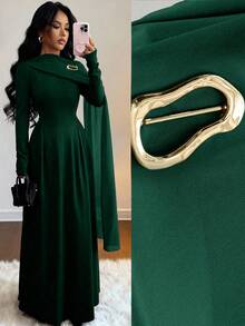 Rafferiza Váy chữ A cổ cao tay dài chất liệu voan chắp vá thanh lịch, đính trâm cài kim loại, thích hợp cho tiệc tốt nghiệp, sự kiện ngày lễ, hẹn hò, đám cưới, mùa thu/đông - màu xanh lá - Xem 1