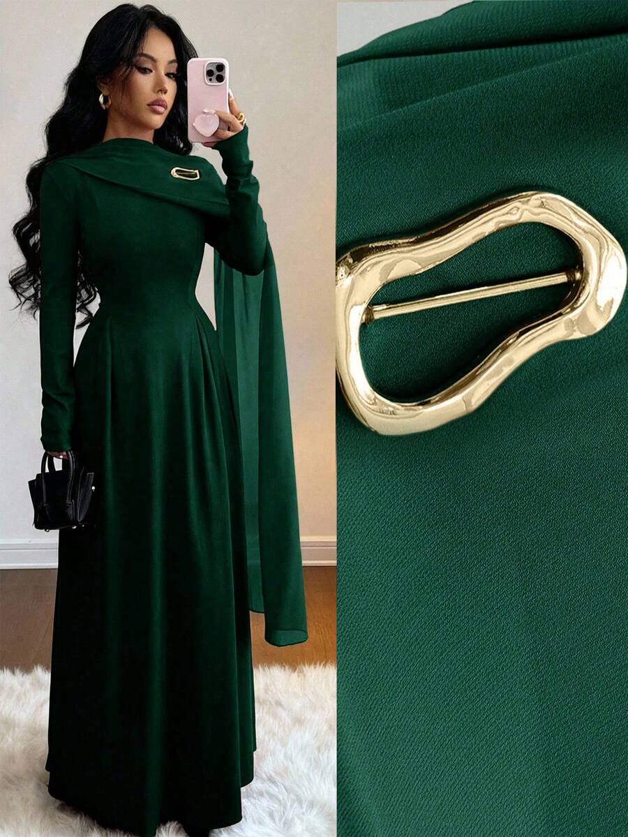 Rafferiza Váy chữ A cổ cao tay dài chất liệu voan chắp vá thanh lịch, đính trâm cài kim loại, thích hợp cho tiệc tốt nghiệp, sự kiện ngày lễ, hẹn hò, đám cưới, mùa thu/đông - màu xanh lá - Xem 1