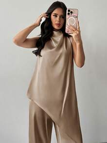 Firerie Bộ trang phục công sở thanh lịch dành cho nữ - Áo sơ mi satin trắng không tay cổ xếp ly dáng rộng vạt bất đối xứng và quần ống đứng thoải mái, bộ đồ duyên dáng, trang phục giáo viên. - Màu Khaki - Xem 5