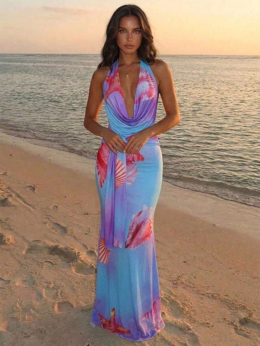Aloruh Summer Holiday Deep V Neck Halter Slit Tight Mesh Dress For Women With Oceanic Print - Multicolor - View 1