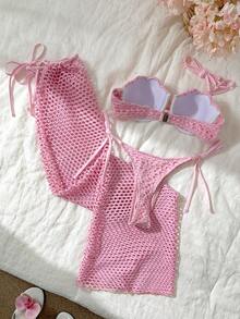 Swim Oasis Solid Color Shell Hard Cup Mesh Bikini Swimwear Set For Women - Pink - View 7