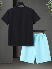 SHEIN 2pcs Tween Boy Black Casual Summer Vacation Club Holiday Palm Tree & Letter Print Round Neck Short Sleeve T-Shirt And Cargo Shorts Set For Outings - Multicolor - View 5