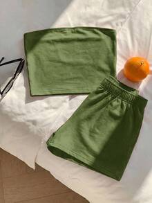 Comfortcana 两件套女士休闲纯色绿色上衣/背心和短裤套装，舒适家居服，春夏款 - 綠色 - 查看 3