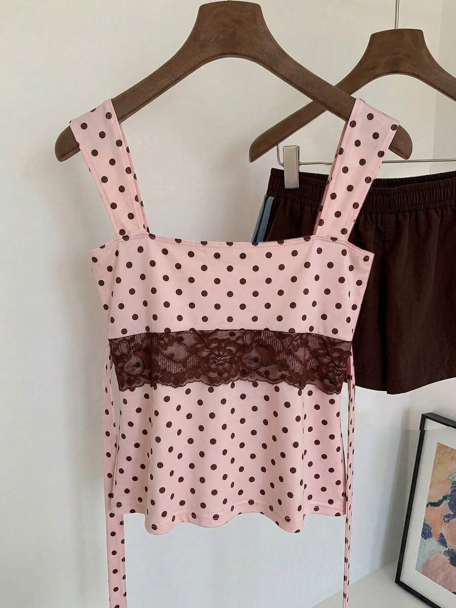 Comfortcana 2026春夏新款时尚女装浅粉色撞色蕾丝波点印花无袖上衣，适合夏季、圣诞节、新年及各种场合，也可作为派对、海滩、休闲度假波点衬衫穿着。 - 淺粉色 - 查看 1