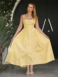 Flirla Plus Size French Romantic Plaid Strap Dress, Elegant For Spring, Summer, Fall, Vacation, Graduation - Light Yellow - View 4