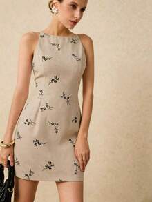 Poéselle 女士刺绣简约休闲无袖迷你连衣裙 - 杏色 - 查看 1