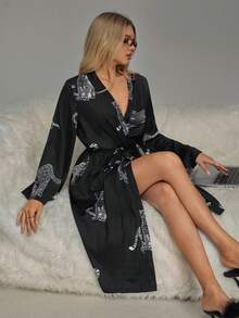 HautHeat 女士动物纹打结腰身休闲家居服睡袍 - 黑色 - 查看 1