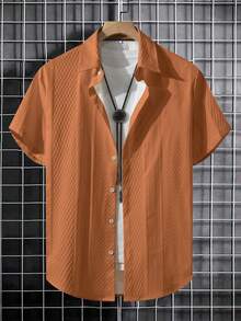 Manfinity CasualCool Men's Casual Solid Color Short Sleeve Shirt, Summer - Burnt Orange - View 3