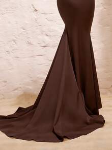 Glamine Women's Solid Color Pleated Elegant Waist Formal Dress - Brown - View 3