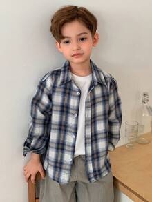 DAZY Áo khoác sơ mi cổ bẻ kẻ caro dáng rộng thoải mái cho bé trai (size nhỏ) - Màu xanh lam - Xem 5