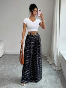 SHEIN PETITE Quần nữ ống rộng cạp cao xếp ly có túi, dáng suông, họa tiết chấm bi. - Đen và trắng - Xem 5