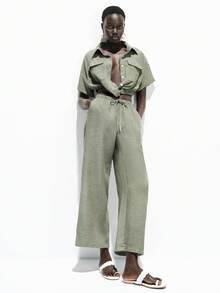 SHEIN Ensemble chemise et pantalon rayé élégant pour femmes, convient pour les vacances d'été et les tenues d'extérieur - Vert - Voir 2