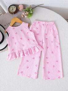 Young Girl Summer Vacation Chiffon Pink Striped Bow Decor Round Neck Casual Camisole And Long Pants 2-Piece Set - Pink - View 2