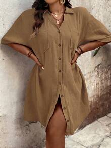 SHEIN Holidaya Plus Size Women Solid Color Drop Shoulder Single-Breasted Casual Shirt Dress Linen Outfits For Women Linen Dress For Women Casual Outfit For Women Dress - Brown - View 7