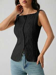 SHEIN PETITE Camisa casual sin mangas de mujer con textura geométrica y abotonadura sencilla, con tela con textura geométrica y microfibra elástica, camisa ajustada de mujer, elegante y de moda para ir al trabajo, top casual de moda simple para todos los días, primavera/verano, top sin mangas, blusas de estilo antiguo, ropa occidental para mujer - Negro - Ver 4