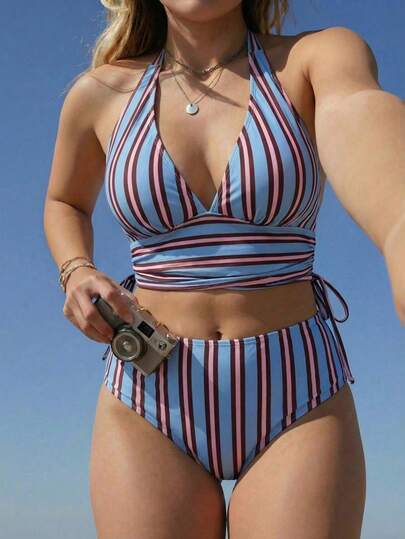 Swim Mod Bộ bikini cạp cao cổ chữ V sâu, dây rút bên hông, họa tiết sọc nhiều màu sắc mới năm 2026, trang phục đi biển gợi cảm.