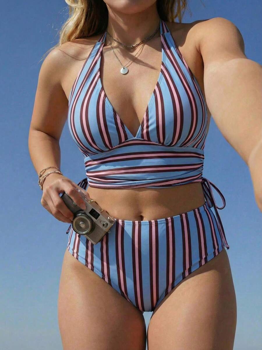 Swim Mod Bộ bikini cạp cao cổ chữ V sâu, dây rút bên hông, họa tiết sọc nhiều màu sắc mới năm 2026, trang phục đi biển gợi cảm. - Nhiều màu - Xem 1