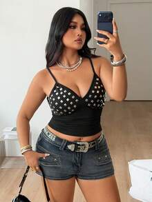 Coolane 女士加大码春夏街头风锐舞派对嬉皮音乐节复古Y2K哥特朋克宣言款重铆钉亮片装饰修身黑色背心 - 黑色 - 查看 4