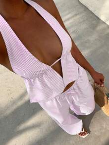 SHEIN Tall 黄色条纹棉质面料深V领露背吊带短款上衣和低腰系带阔腿裤两件套，带口袋，适合高个女性春夏度假海滩休闲简约日常约会百搭套装 - 粉色 - 查看 7