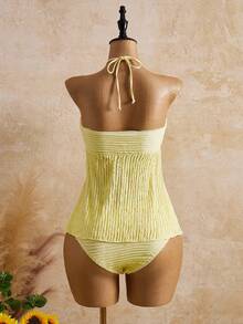 Bellisia 2026SS Women's Yellow Summer Casual Vacation Holiday Jacquard Textured Sweet & Cute Spaghetti Strap Bikini Set,Boho Y2K 2 Pieces Push Up Bathing Suit - Multicolor - View 2