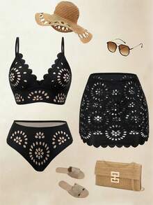 Swim Oasis Women Black Summer Casual Holiday Vacation 3 Pieces Swimwear Set, & Elegant Laser Cutout Boho Bathing Suit,Bohemian Beach Outfits Holiday Outfit - Multicolor - View 2