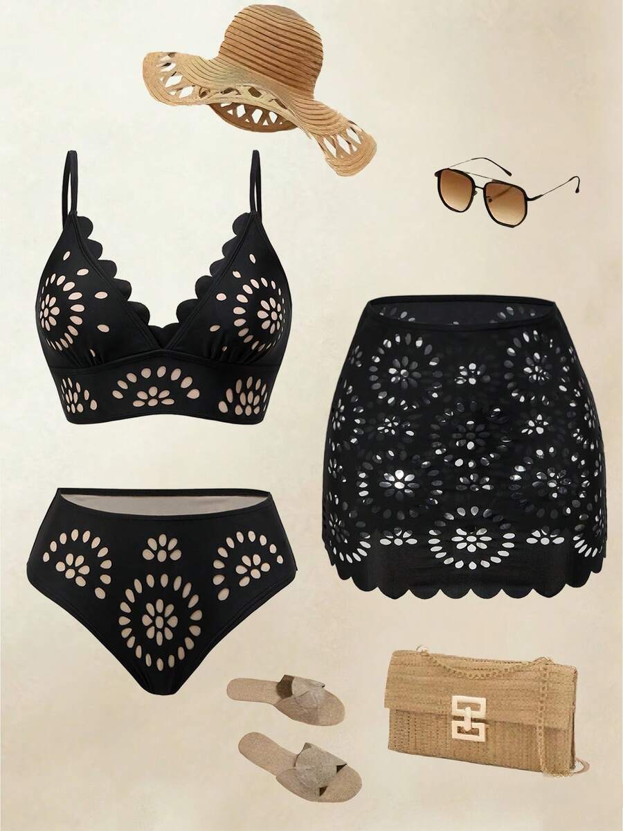 Swim Oasis Women Black Summer Casual Holiday Vacation 3 Pieces Swimwear Set, & Elegant Laser Cutout Boho Bathing Suit,Bohemian Beach Outfits Holiday Outfit