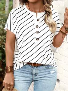Selamara Plus Size Women Summer Casual Commute Vacation Striped Print Half Button Decor Notched Batwing Short Sleeve Loose T-Shirt - Multicolor - View 3