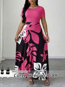 SHEIN CURVE+ 大码女装春夏印花圆领修身短袖优雅长连衣裙，适合外出、办公、通勤、日常休闲穿着、约会等场合。 - 西瓜粉 - 查看 1