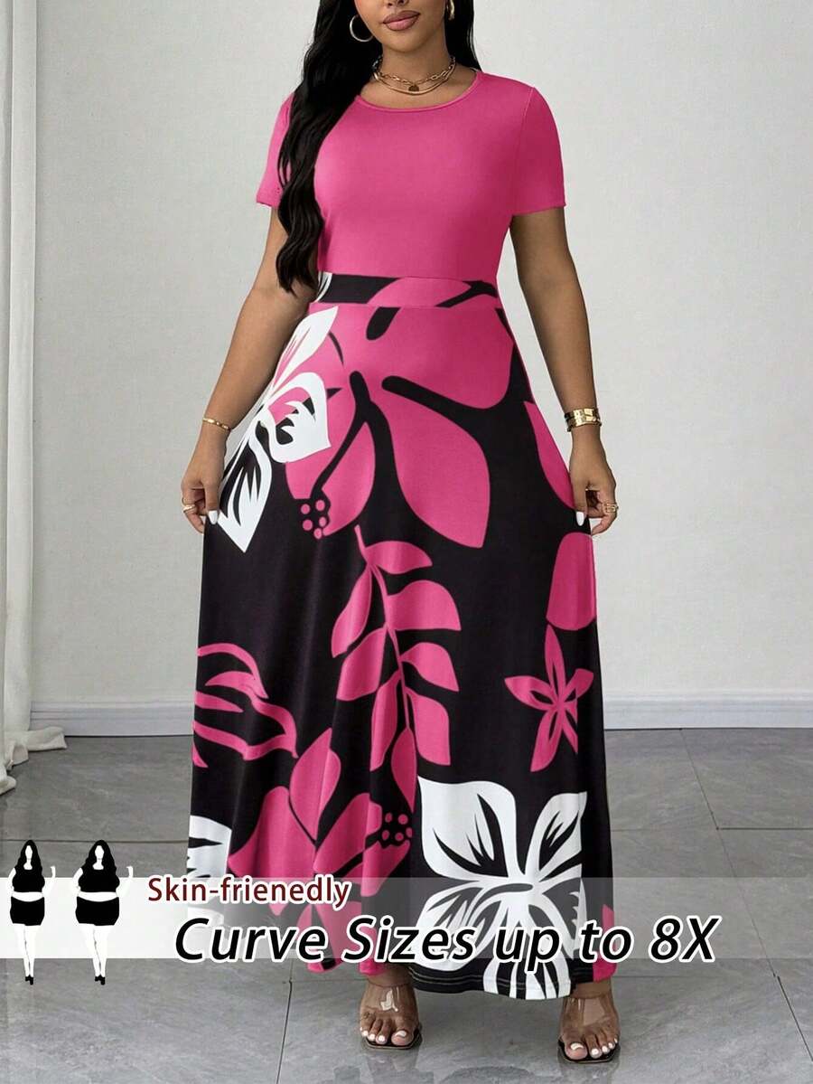 SHEIN CURVE+ 大码女装春夏印花圆领修身短袖优雅长连衣裙,适合外出、办公、通勤、日常休闲穿着、约会等场合。 - 西瓜粉 - 查看 1