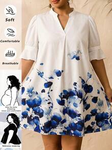 SHEIN CURVE+ Curve 尺码 US22 音乐节、海滨度假、波西米亚蓝白花卉印花 V 领短款休闲连衣裙，女士 - 藍色 - 查看 1