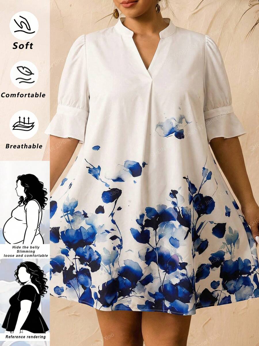 SHEIN CURVE+ Curve 尺码 US22 音乐节、海滨度假、波西米亚蓝白花卉印花 V 领短款休闲连衣裙，女士 - 藍色 - 查看 1