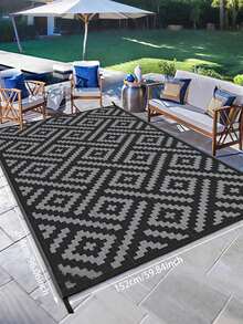 1pc 5'x8' Outdoor Rug For Patio , Waterproof Mat, Double-Sided Plastic Camping Rug, RV, Porch, Deck, Campers, Balcony, Backyard, Black And Gray - A - View 4